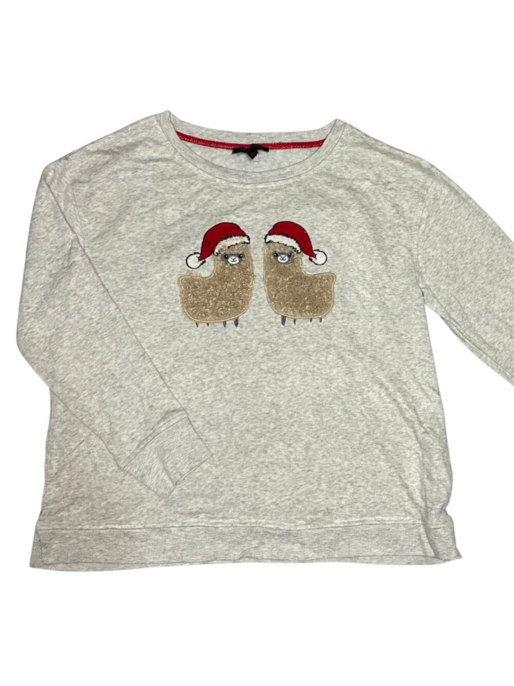 Jane and Delancey Womens Sz L Christmas Llama Santa Hat Gray Pullover Sweatshirt
